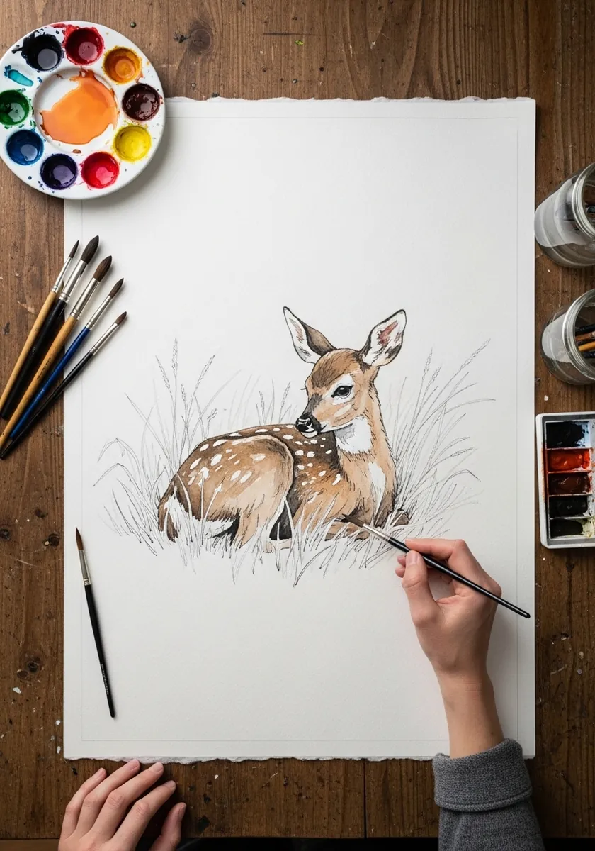 Watercolor fawn lying curled in tall grass with soft spotted coat