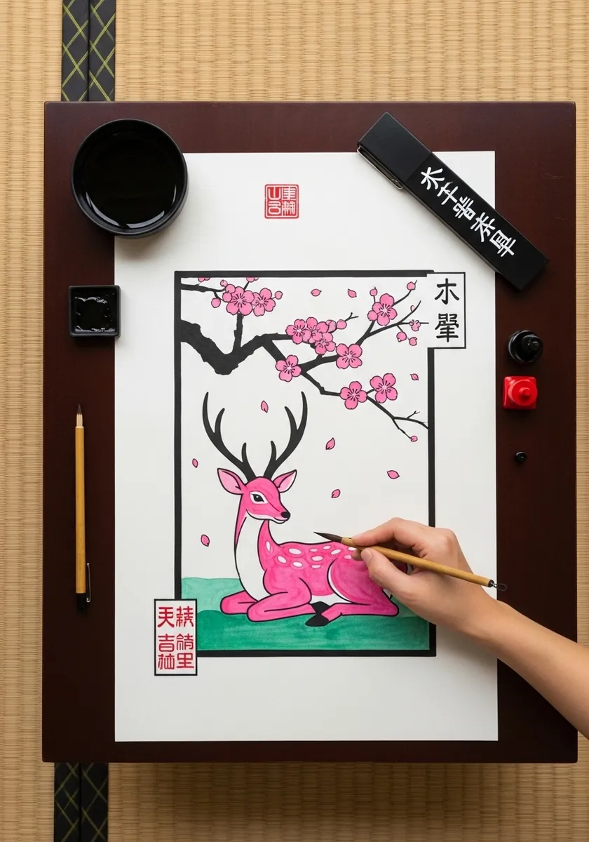 Bold pink and green deer resting under a cherry blossom branch in poster style