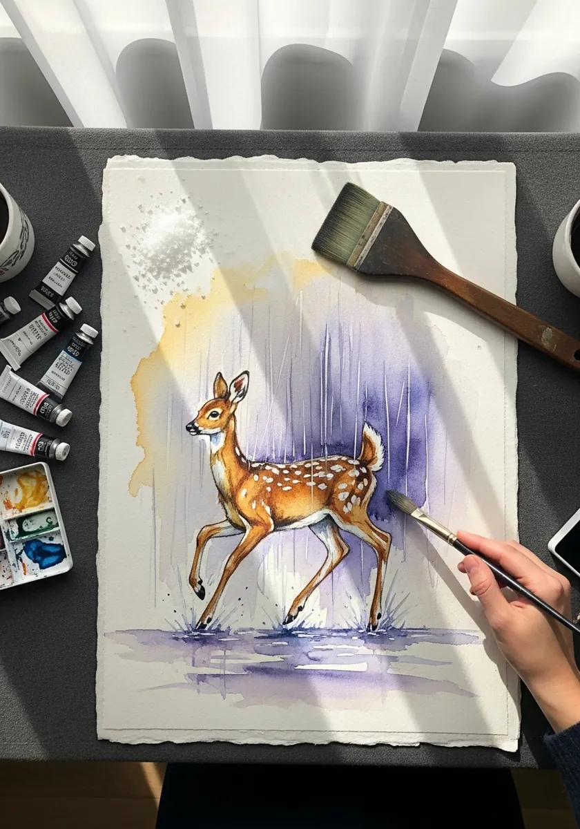 Loose watercolor fawn mid stride with violet and yellow washes and drips