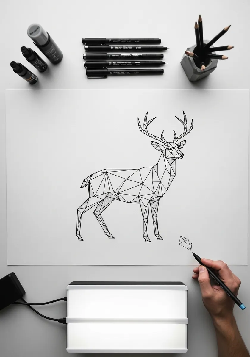 Fine line geometric stag built from connected triangular facets