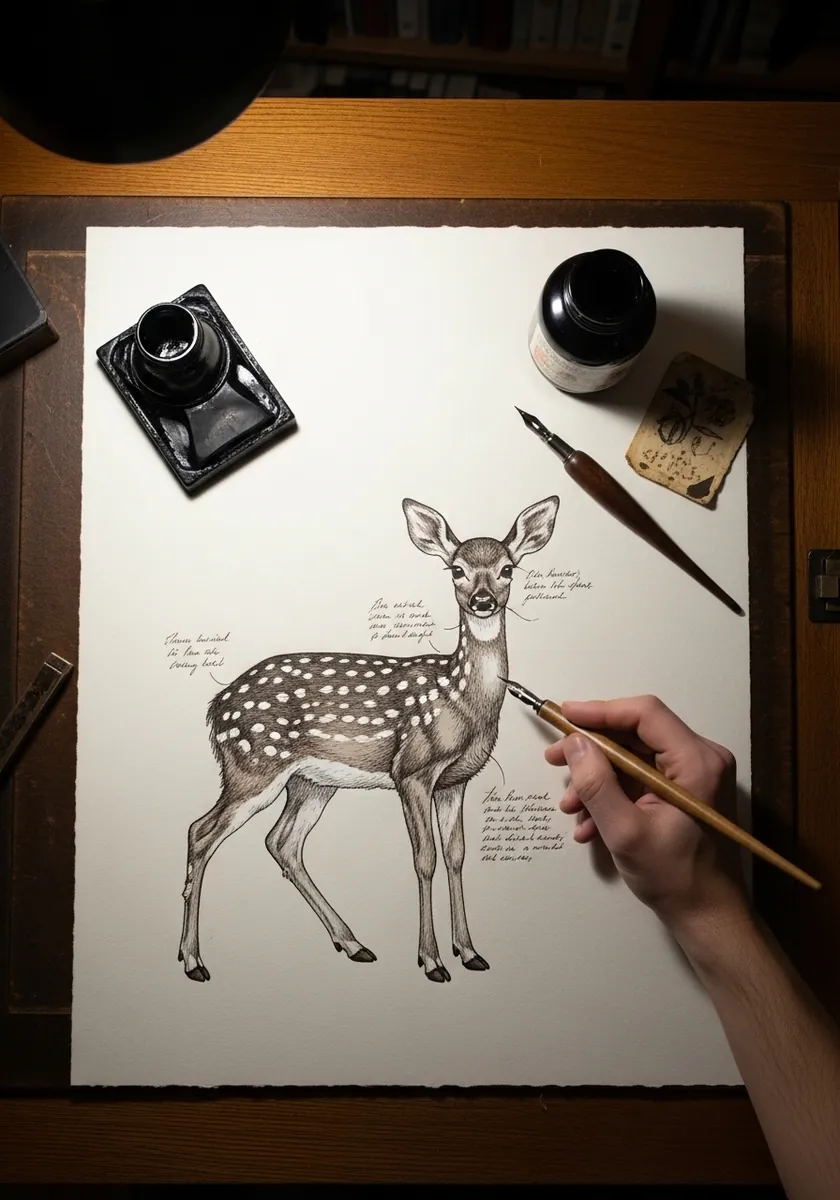 Sepia ink fawn study with handwritten anatomy notes around the figure