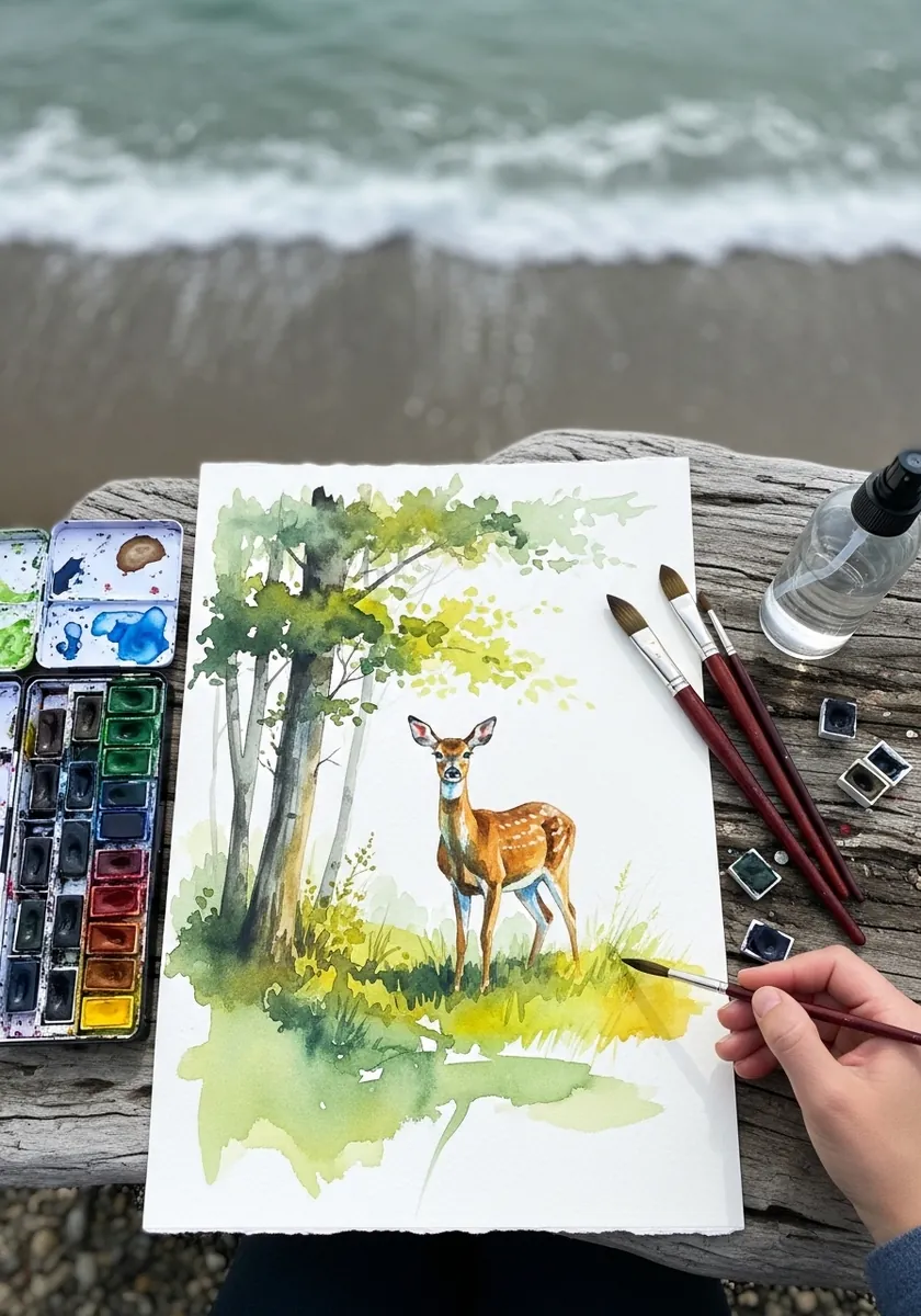 Fresh watercolor deer standing in a green sunlit forest clearing