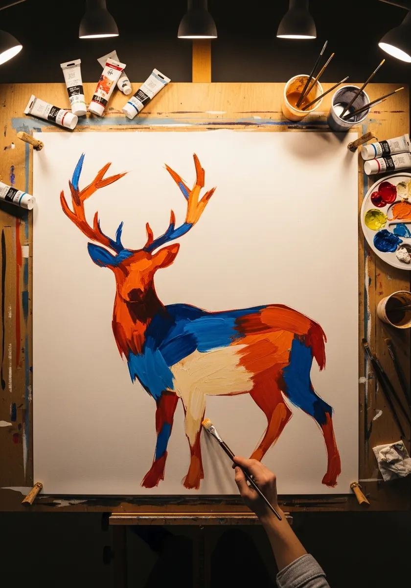 Stag painted in flat blocks of blue orange and cream with visible brushwork