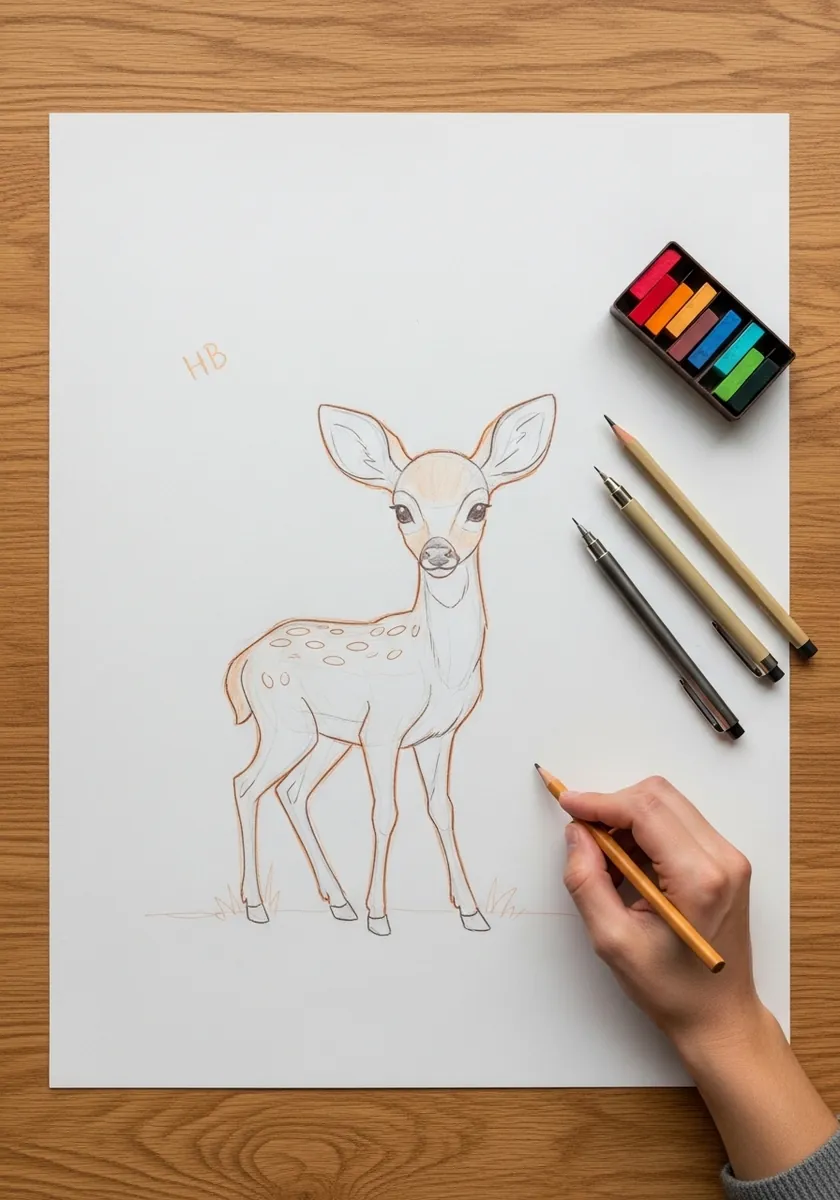 Very light pencil construction drawing of a standing fawn with guide lines