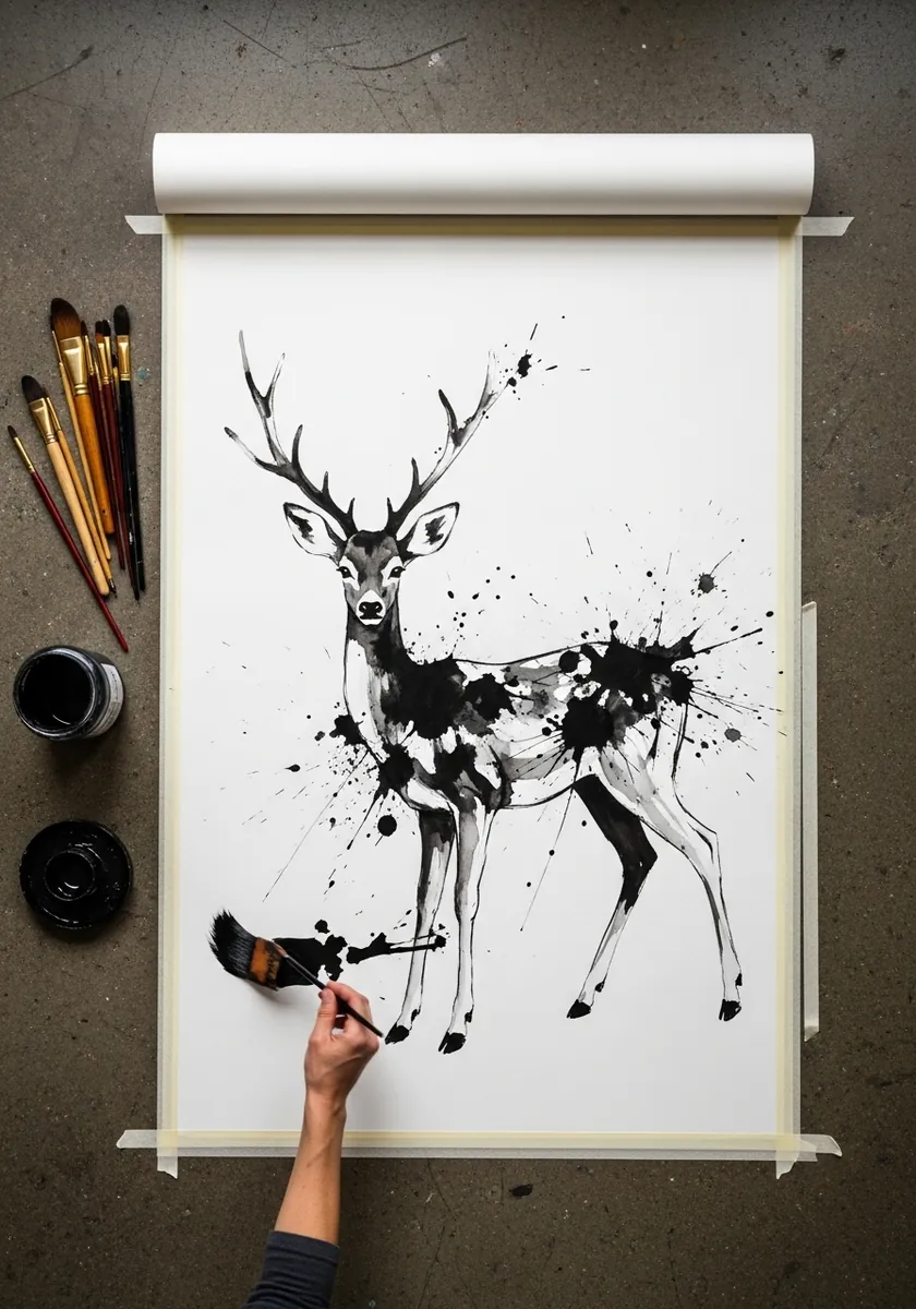 Bold brush ink stag with heavy black splatter across the body