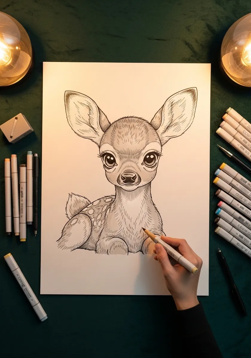Cute cartoon fawn with oversized eyes and soft ears drawn in warm line