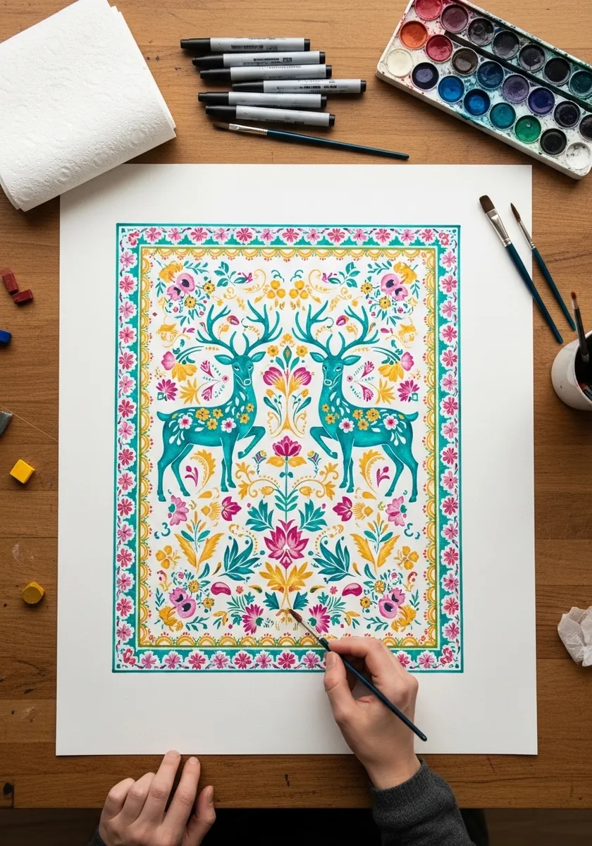 Bright folk art panel with two mirrored deer among pink and yellow flowers