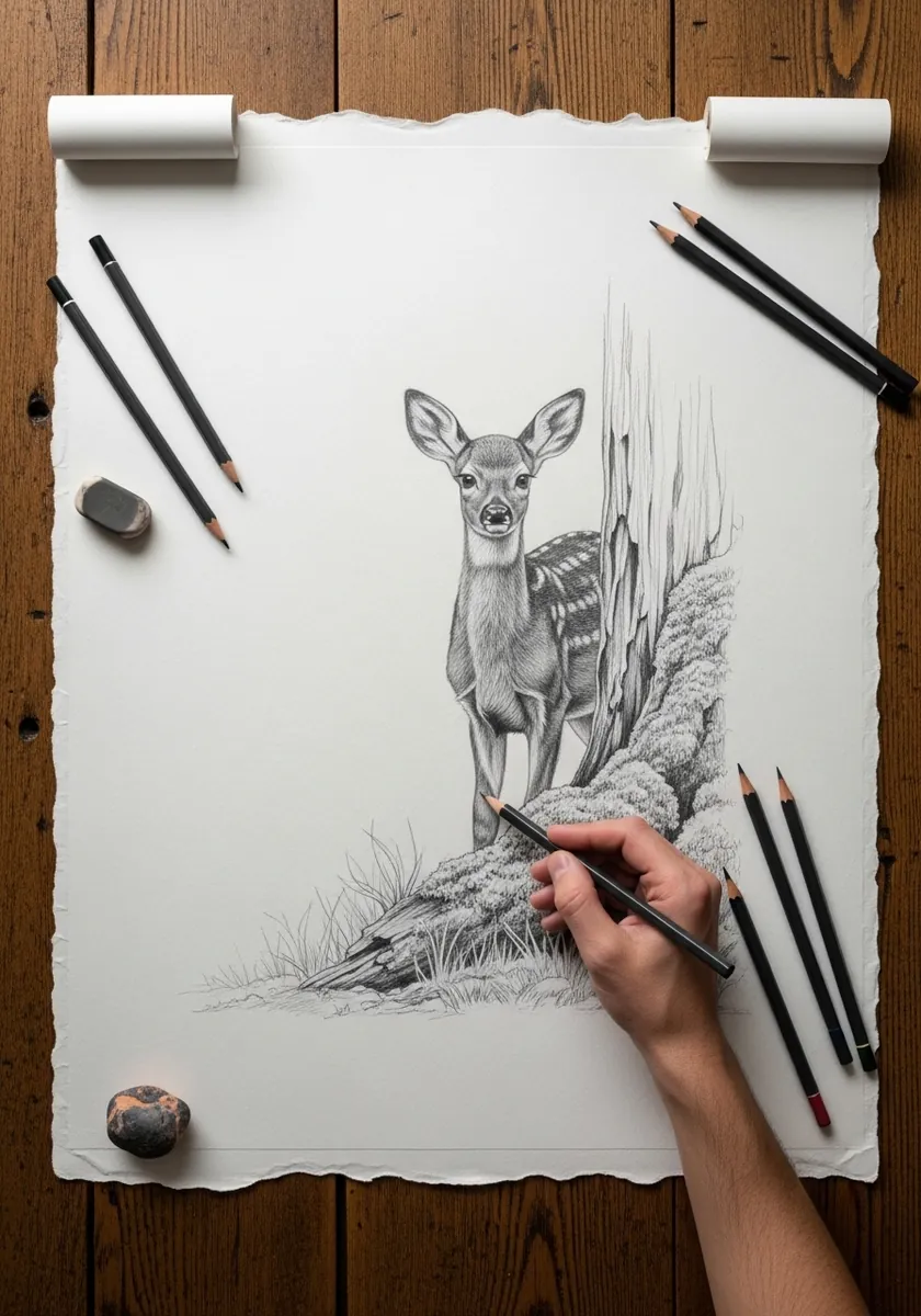 Detailed graphite doe standing alert beside a mossy rock and grasses