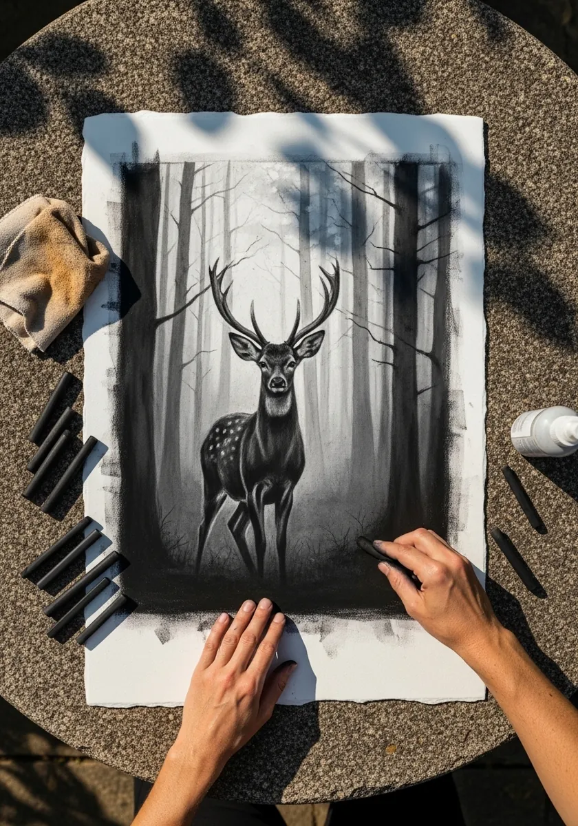 Charcoal stag standing among bare trees in a dark misty winter forest