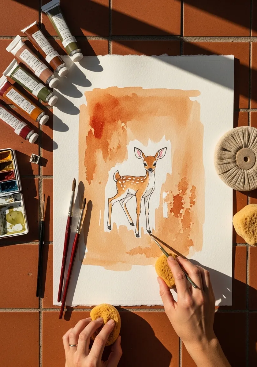 Fawn painted on a warm terracotta and ochre watercolor background