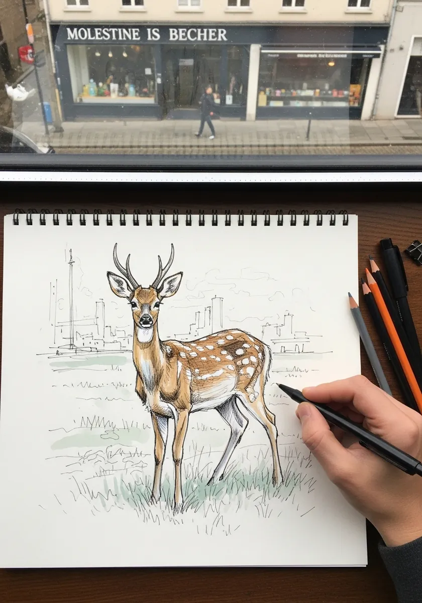Quick sketchbook drawing of a deer with a faint city skyline behind
