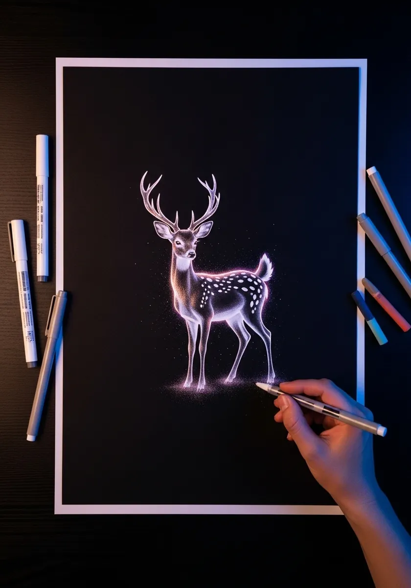 Luminous white and blue deer drawn on black paper with a soft glow