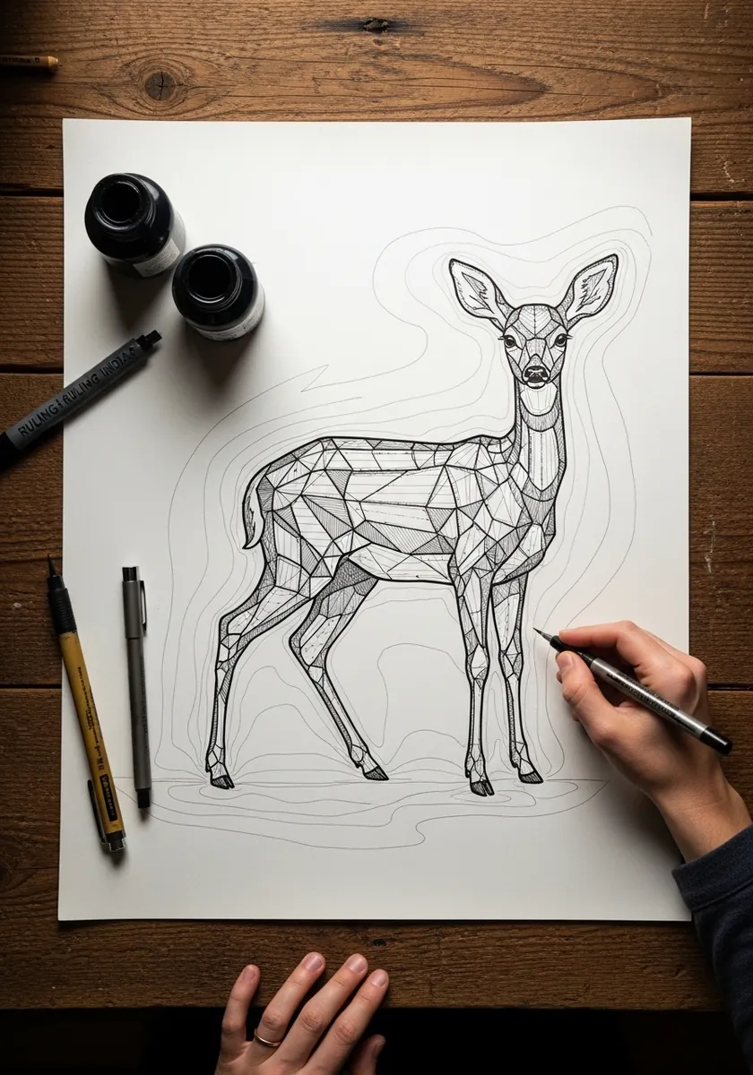 Fine line deer built from a wireframe mesh of contour lines