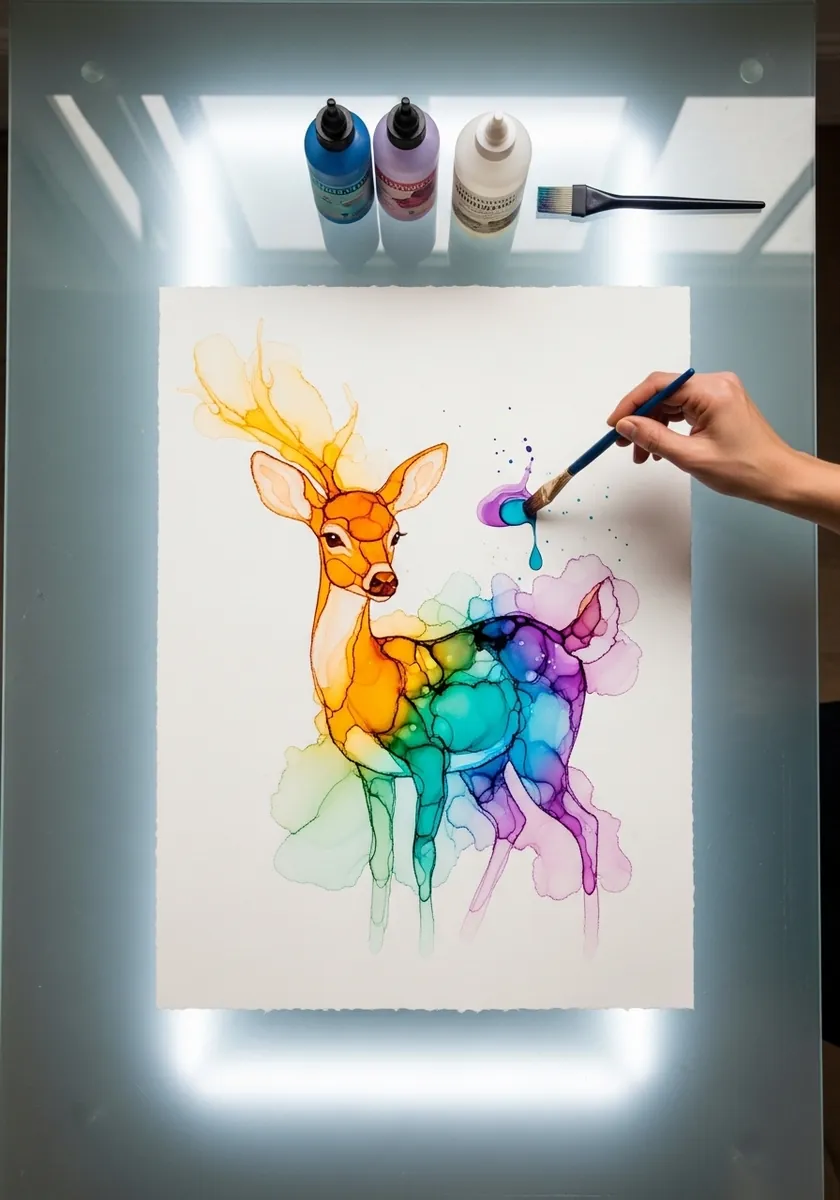 Fawn painted in flowing alcohol inks with rainbow color bleeding through