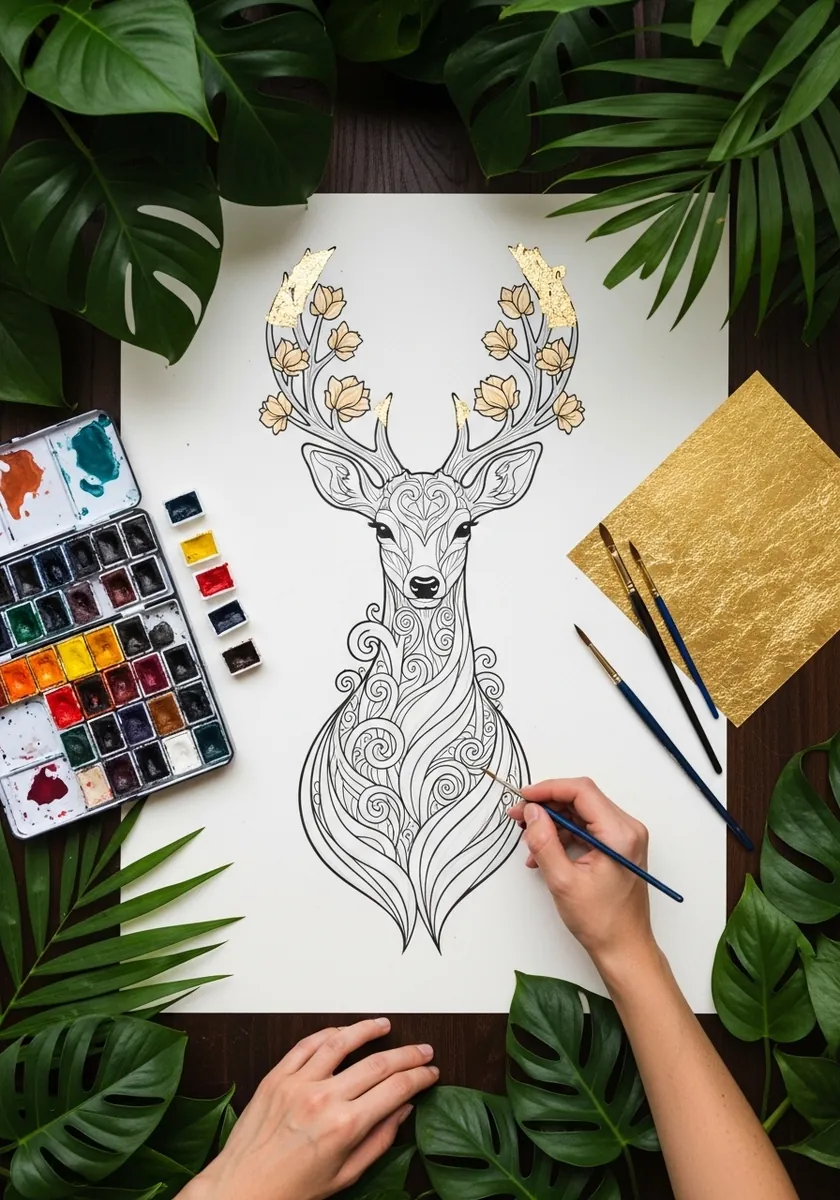 Fine line ornate stag with decorative swirls and gold leaf on the antlers