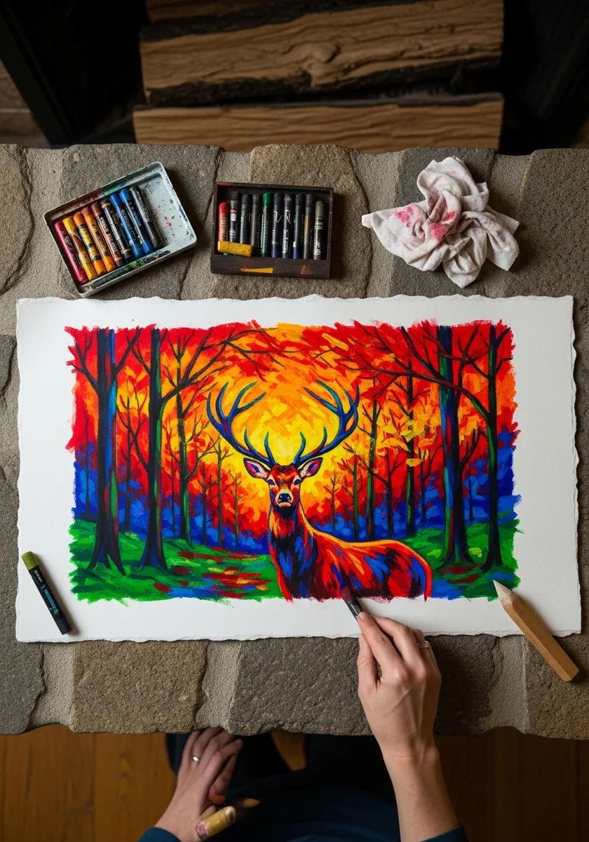 Vivid oil pastel stag in a forest of red orange and blue autumn trees