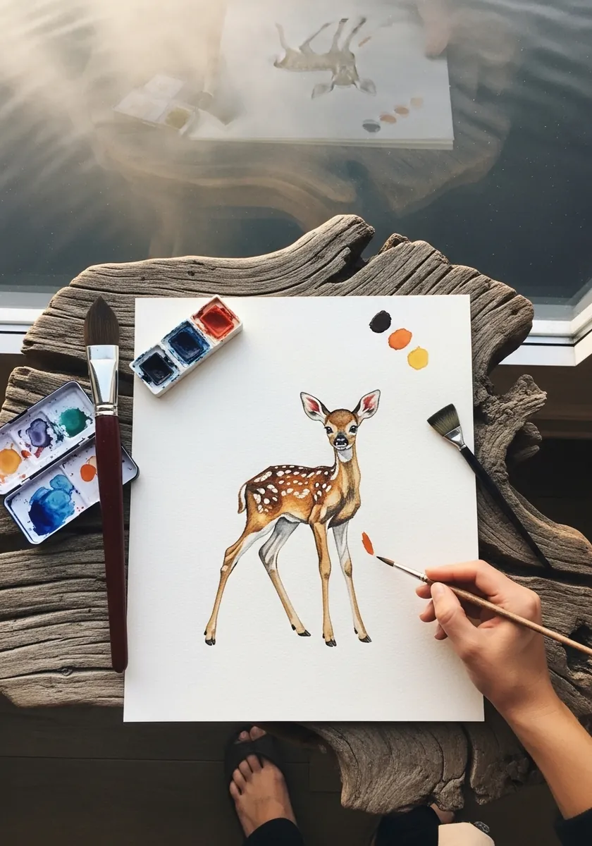 Clean watercolor fawn standing alone on plain white paper with soft spots