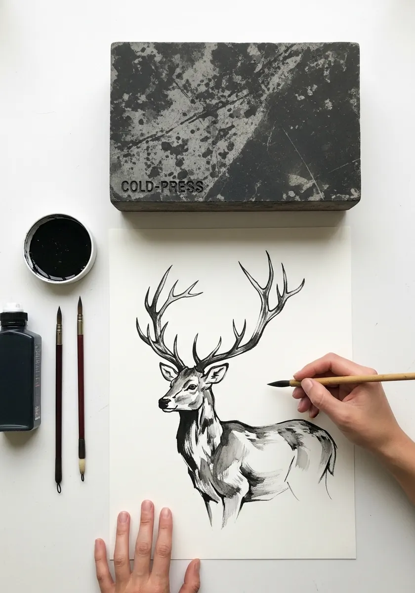 Loose black ink wash stag with expressive brushwork and large antlers