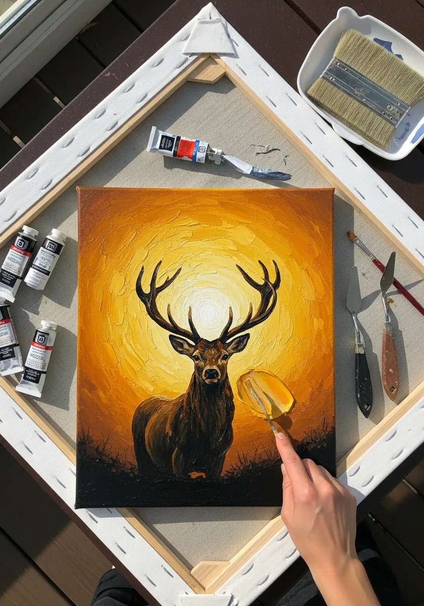Impasto oil painting of a stag silhouetted against a glowing golden sunrise