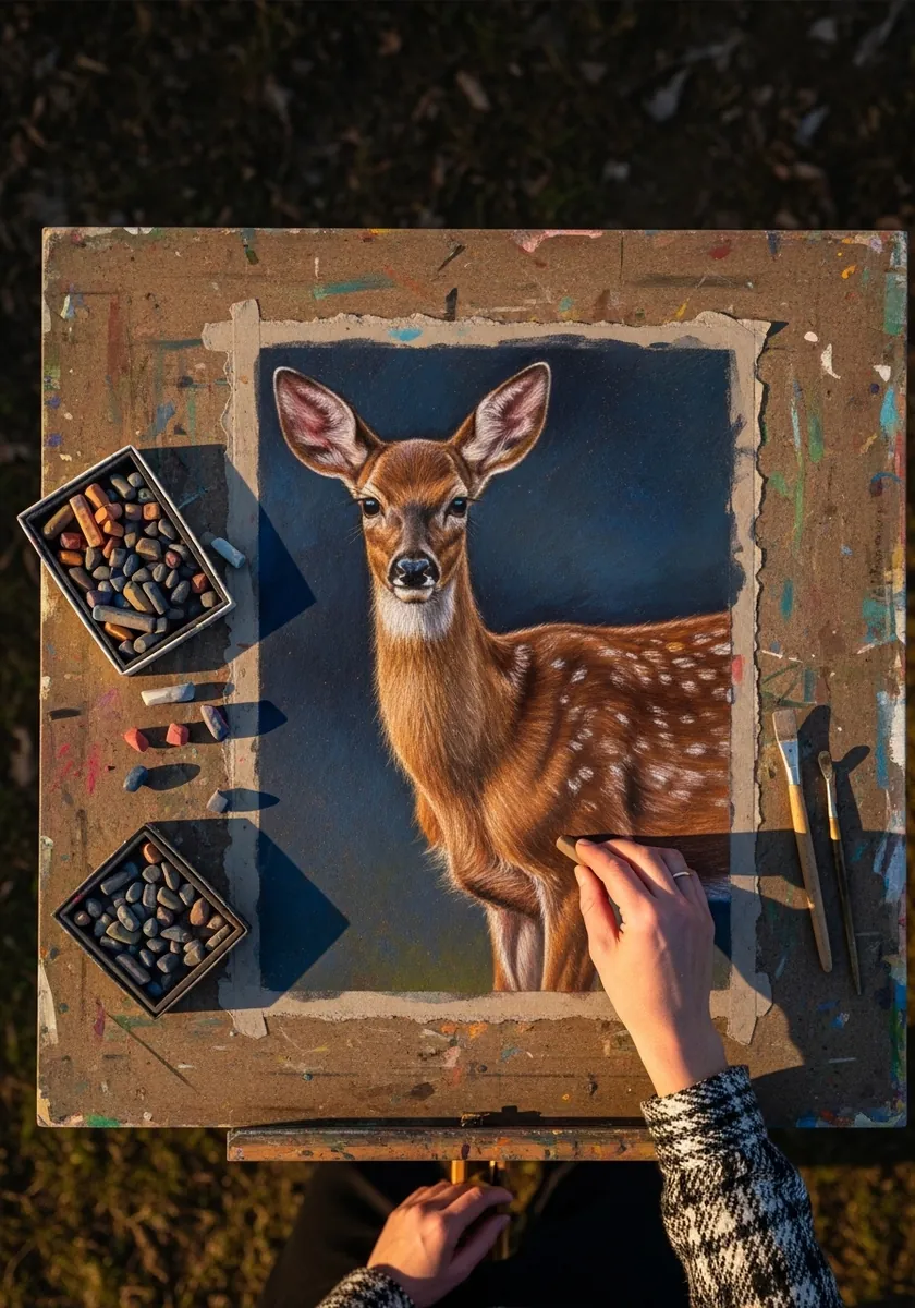 Highly realistic soft pastel fawn portrait with detailed fur and large ears
