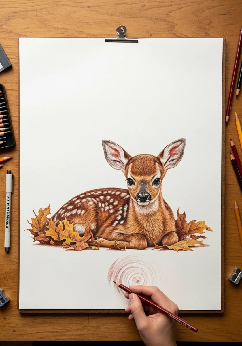 Colored pencil fawn lying among orange and yellow autumn leaves