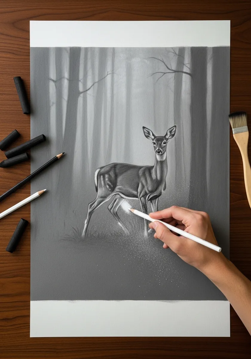 Charcoal doe standing in misty woodland with pale vertical tree trunks