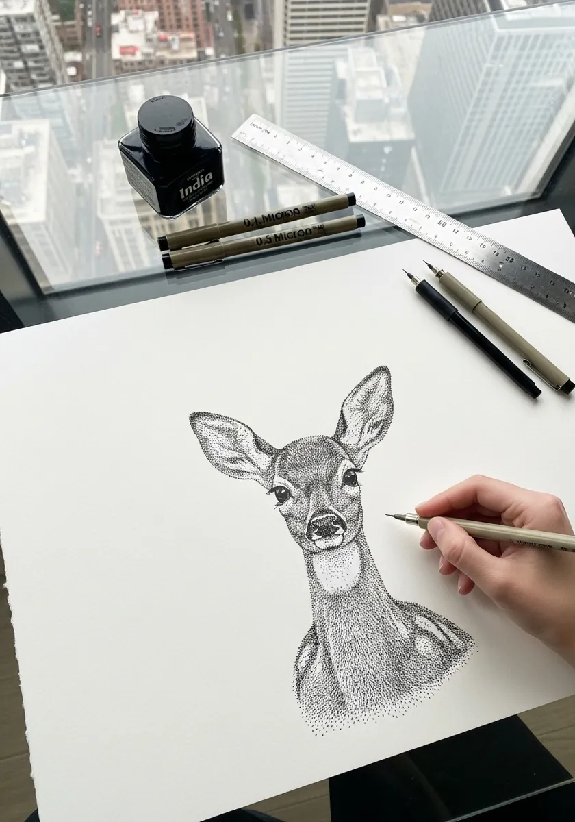 Fine stippled ink portrait of a young fawn facing forward with large ears