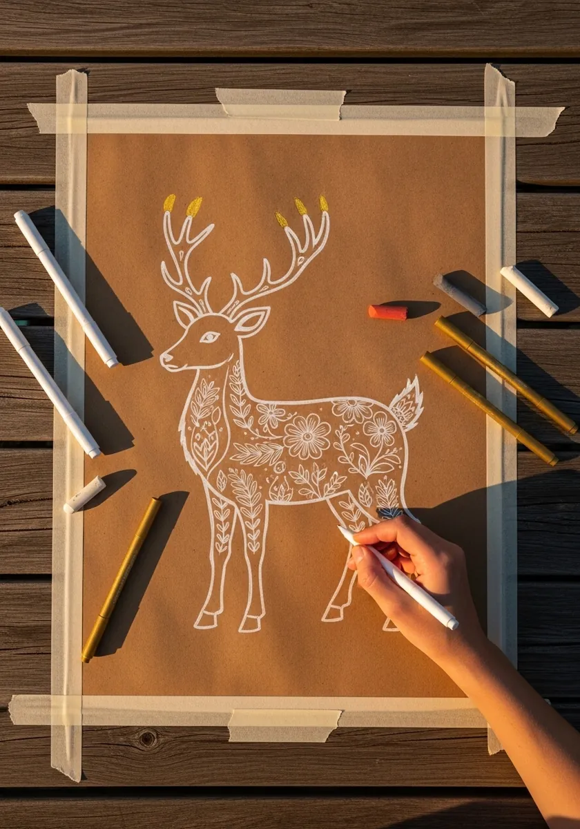 White ink folk art deer with floral patterning drawn on brown kraft paper