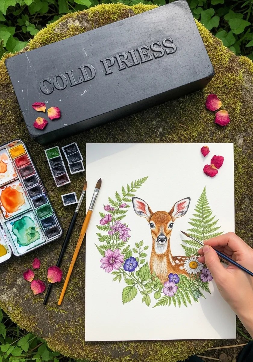Watercolor fawn face surrounded by a wreath of ferns and purple wildflowers