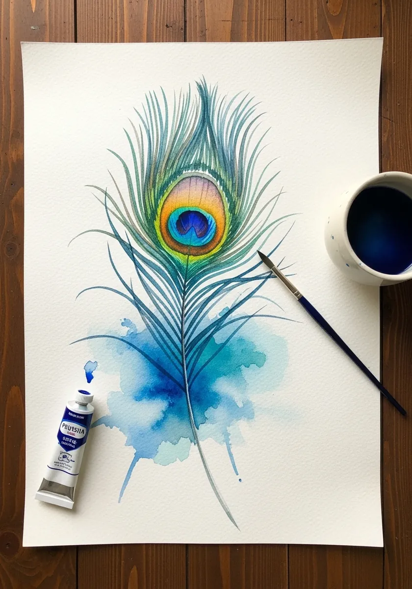 Watercolor peacock feather with a blue and green eye and soft splash background