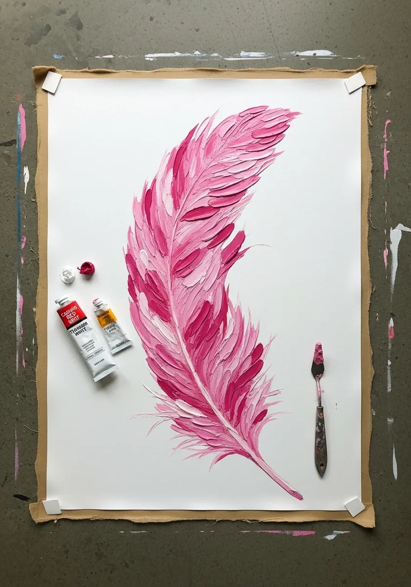 Thick pink and magenta impasto feather painted with a palette knife