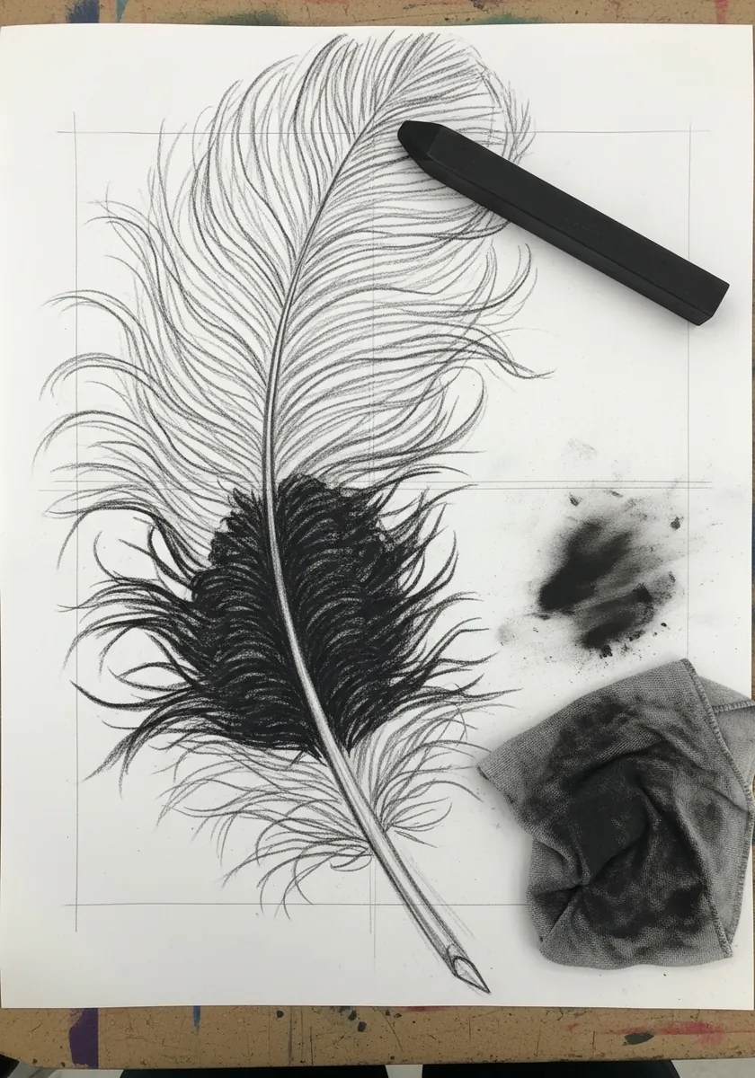 Loose charcoal drawing of a soft ostrich plume with wispy barbs