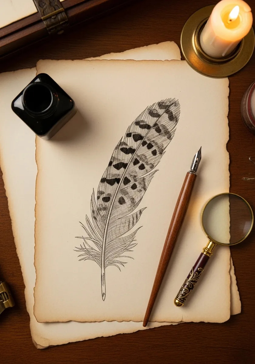 Sepia ink feather quill with speckled markings on aged parchment