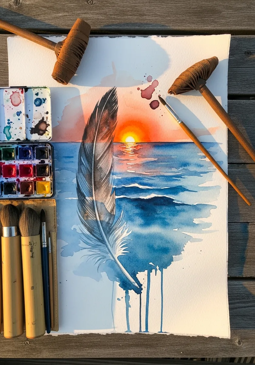 Watercolor feather in front of an orange and blue sunset ocean background