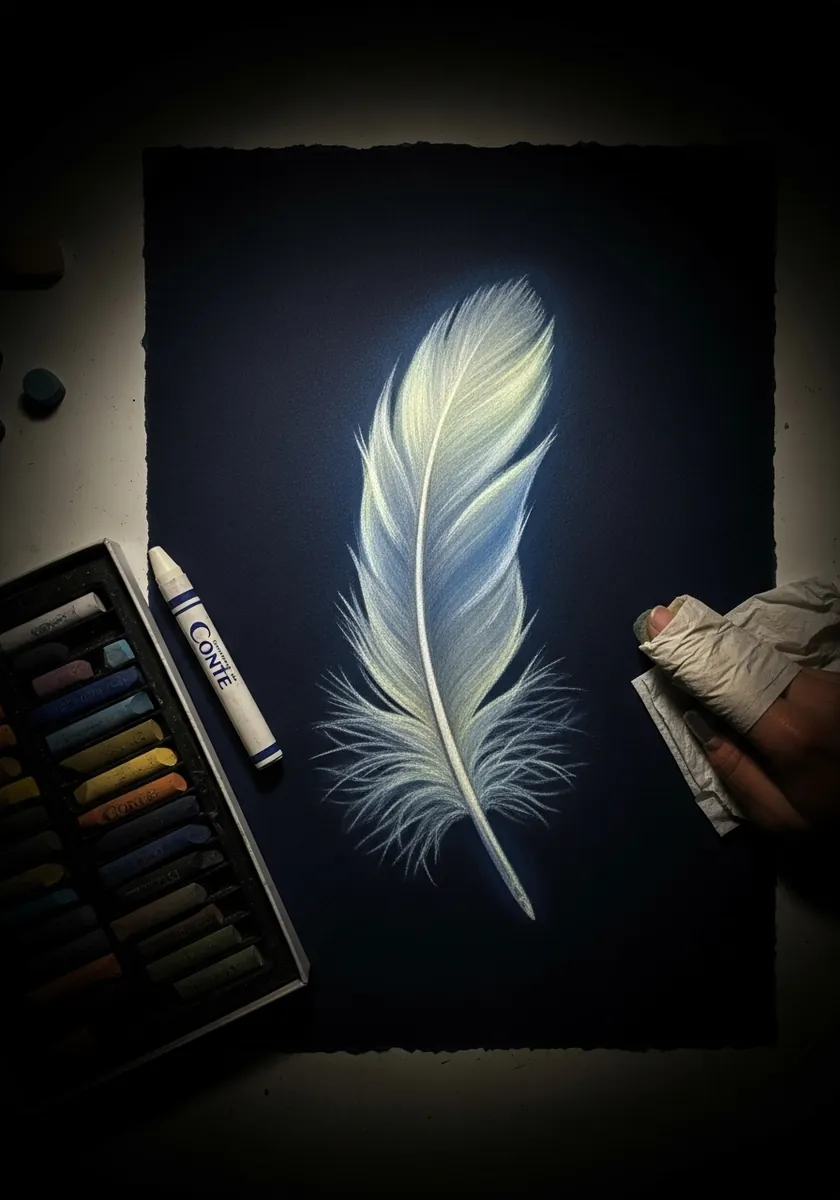 Soft white and yellow feather glowing against deep black paper