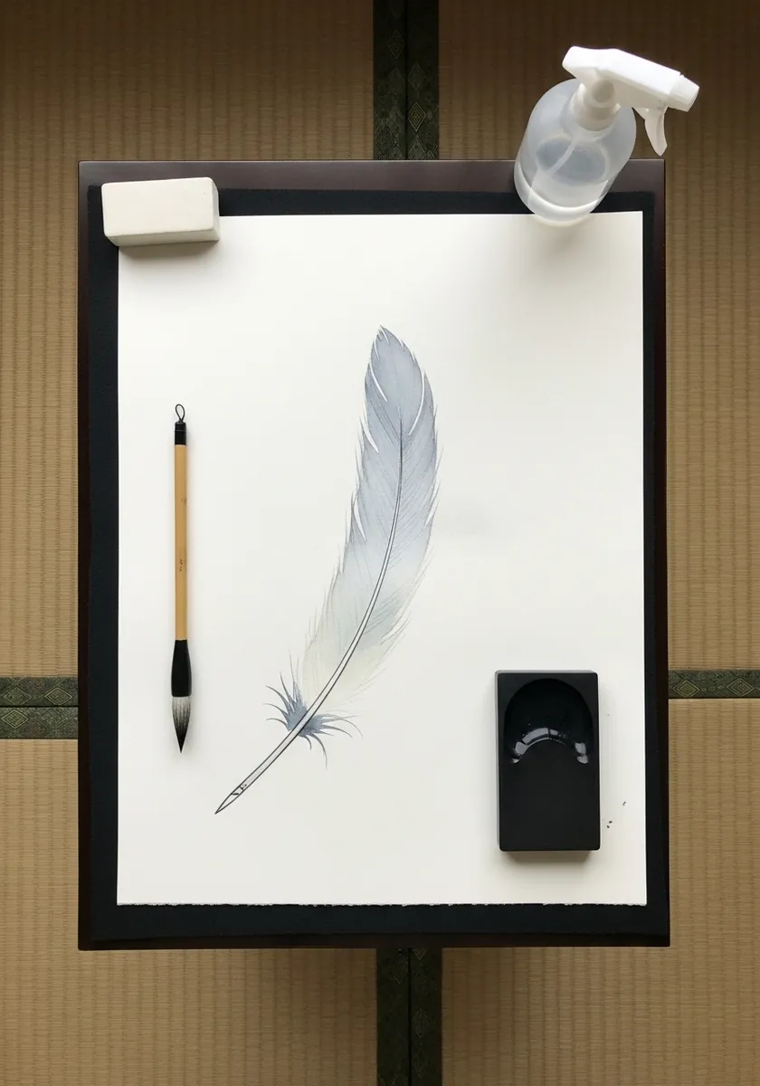 Very pale gray feather painted in delicate watercolor on white paper