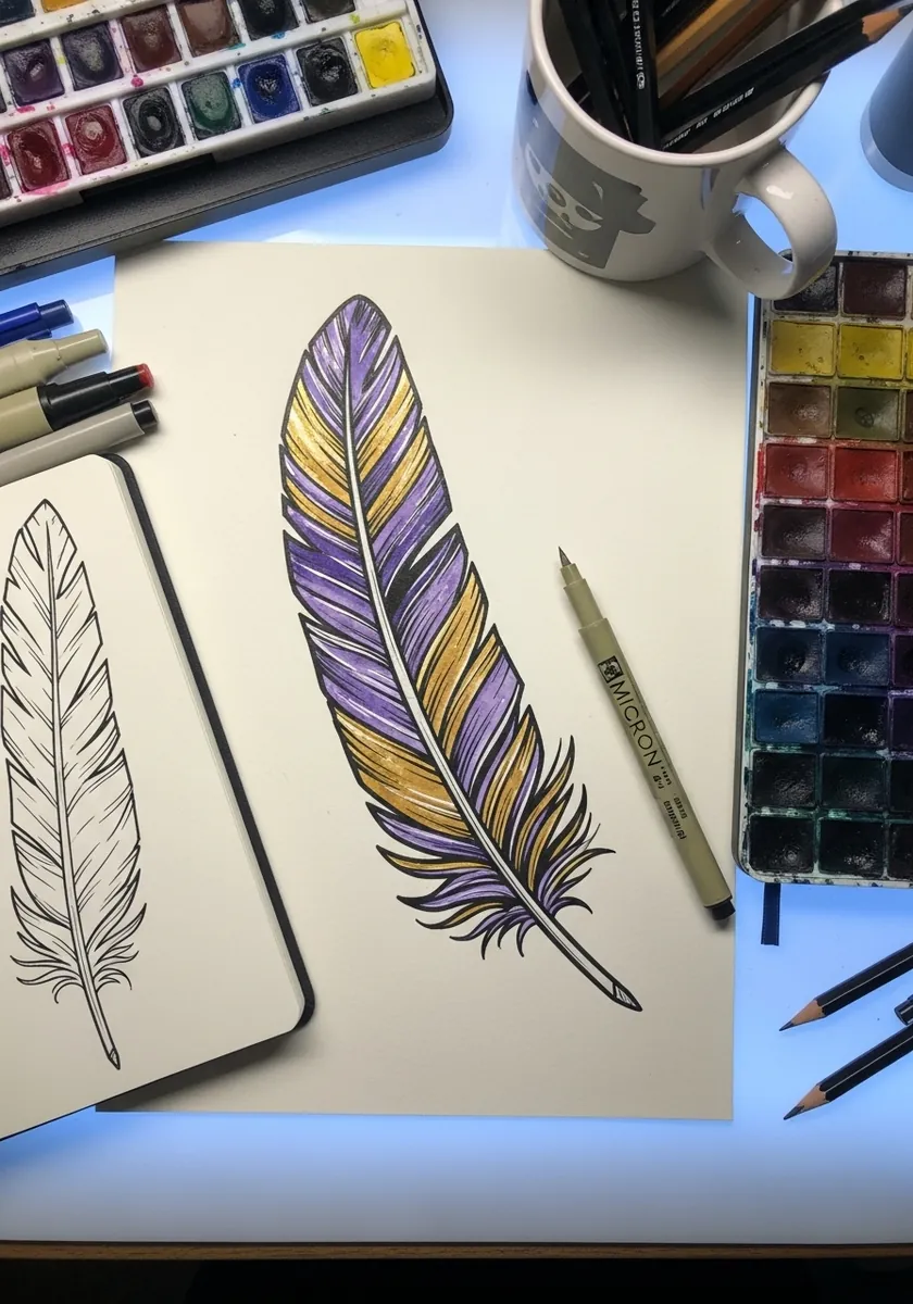 Feather drawn in purple and gold markers with a black outline sketch beside it