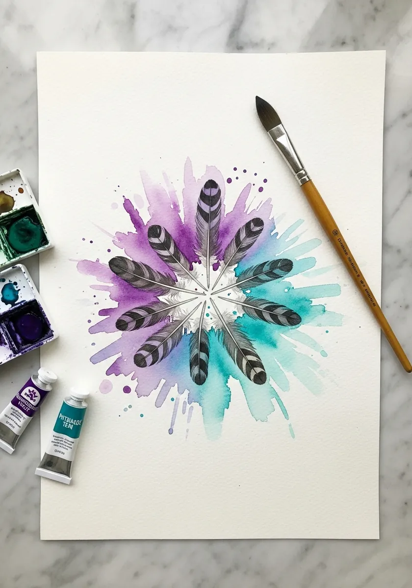Circular mandala of eight feathers radiating from a center in purple and teal
