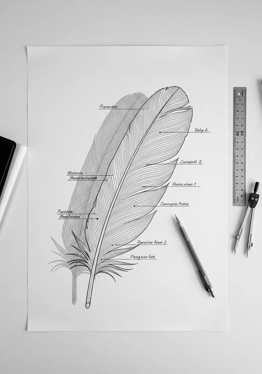 Fine line feather diagram with handwritten labels pointing to each part