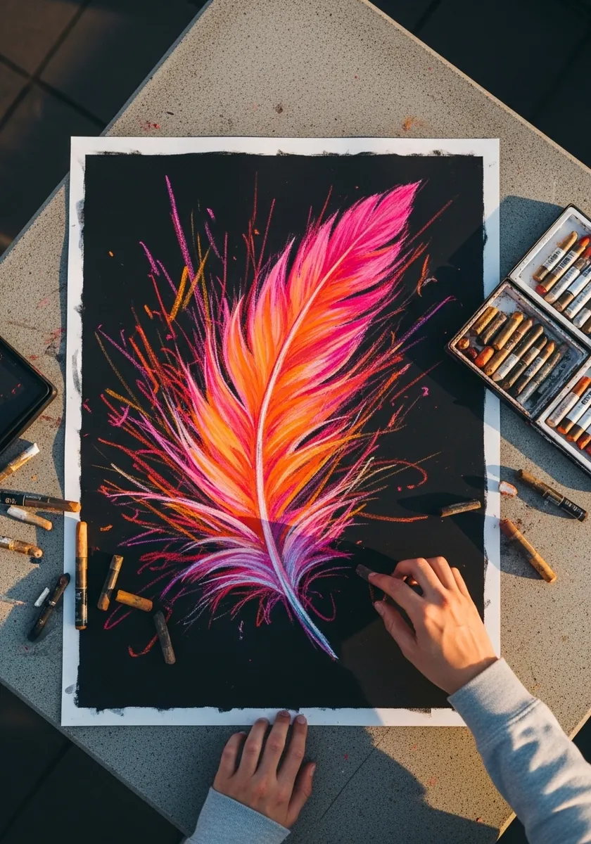 Vivid pink and orange chalk pastel feather on black paper