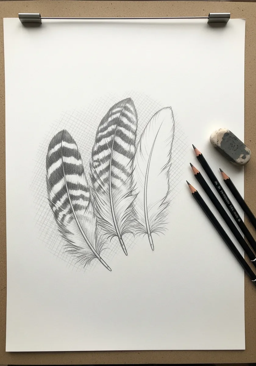 Graphite study of three feathers with barred markings on white paper