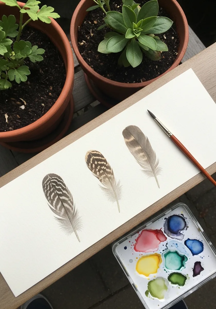 Three small speckled feathers painted in a row in muted natural colors