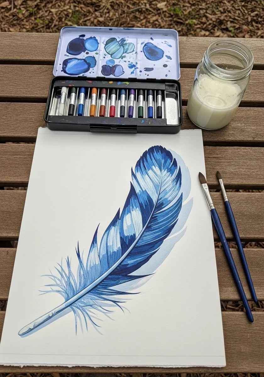 Deep blue and indigo watercolor feather with visible layered washes