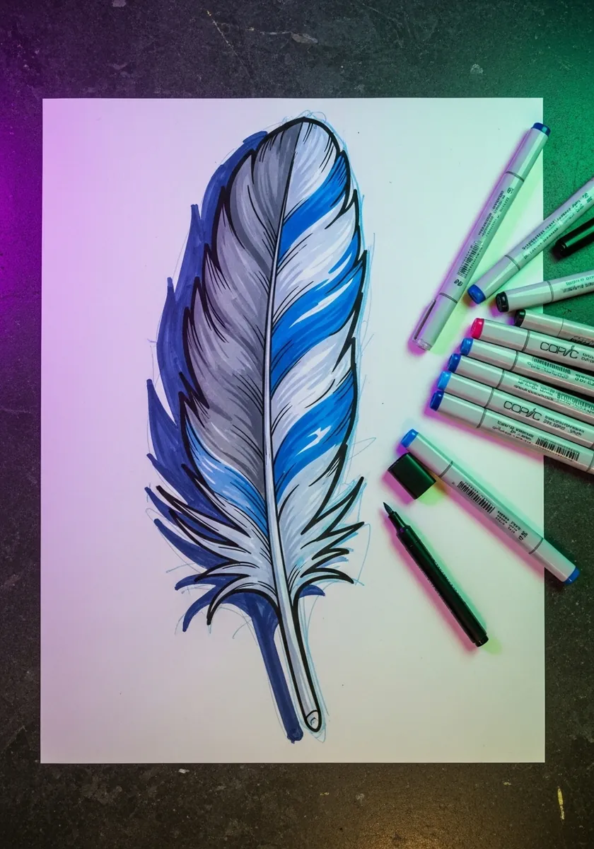 Blue and white marker feather with strong highlights and a dark outline