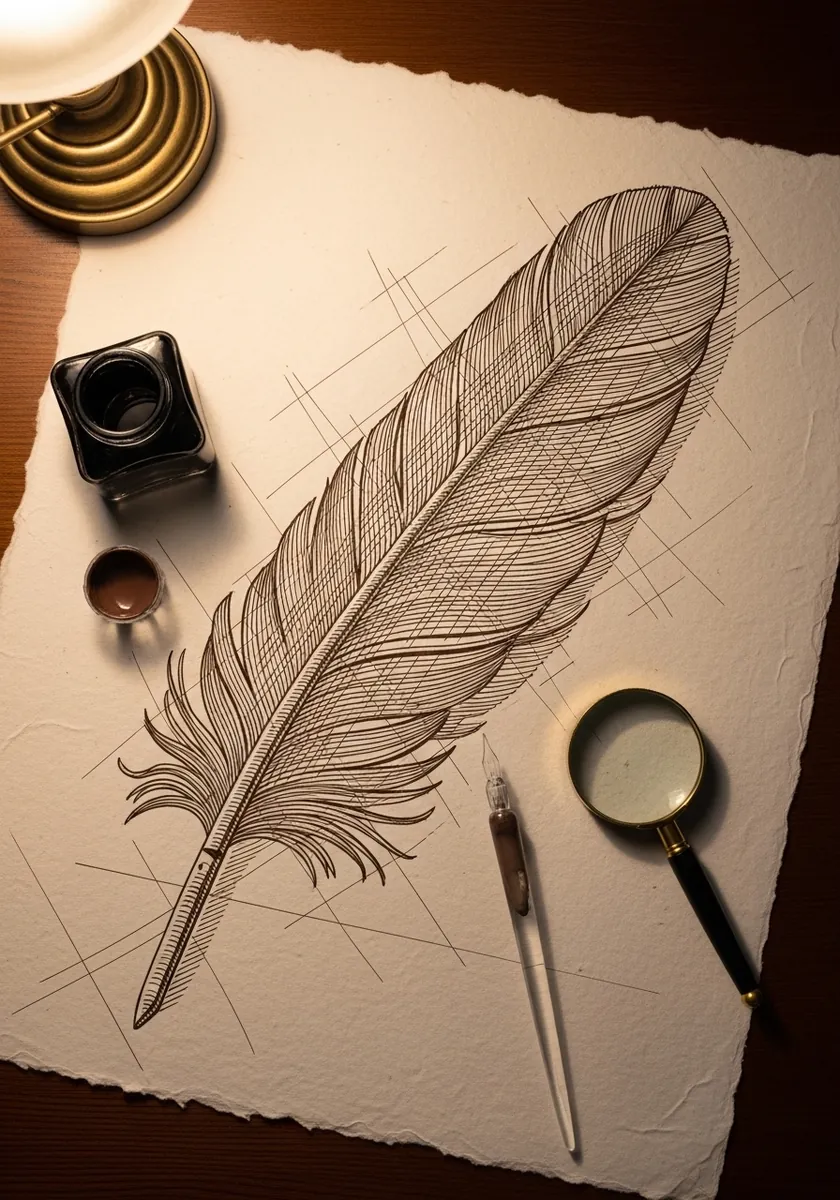 Antique style feather built entirely from fine parallel hatching lines