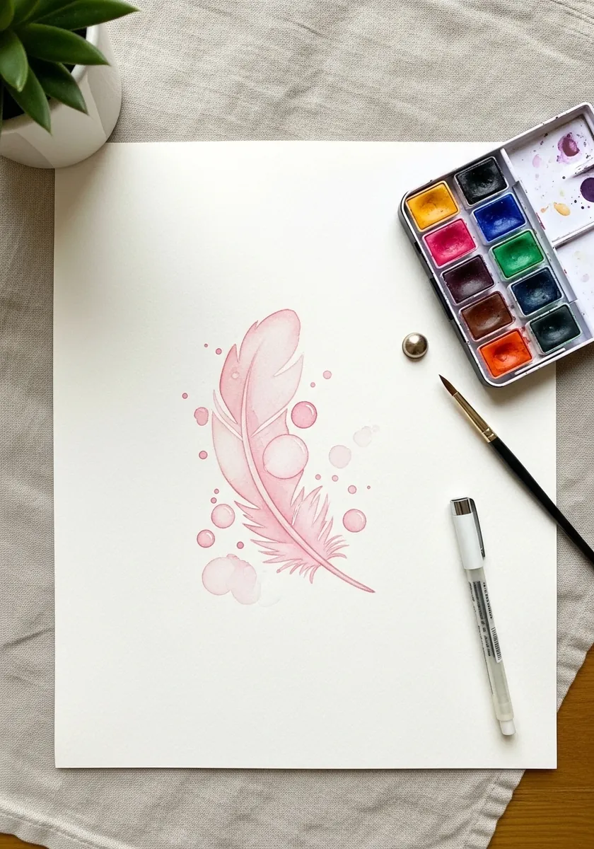 Soft pink watercolor feather with pale circles and dots floating around it