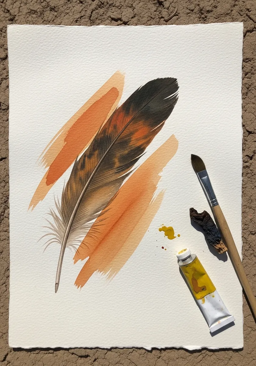 Dark brown and black feather over bold orange painted brushstrokes