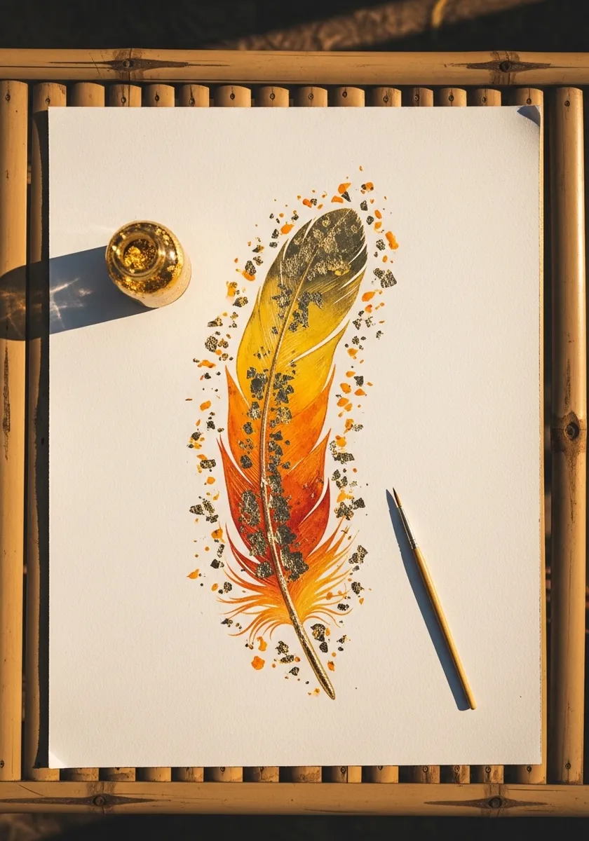 Orange and yellow feather with gold leaf flakes applied along the barbs