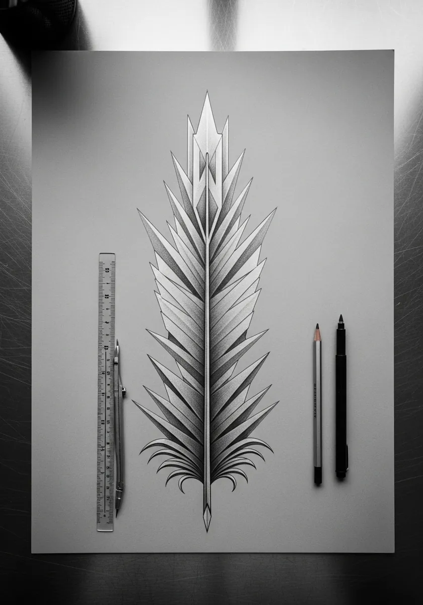 Sharp geometric feather built from straight angular lines in graphite