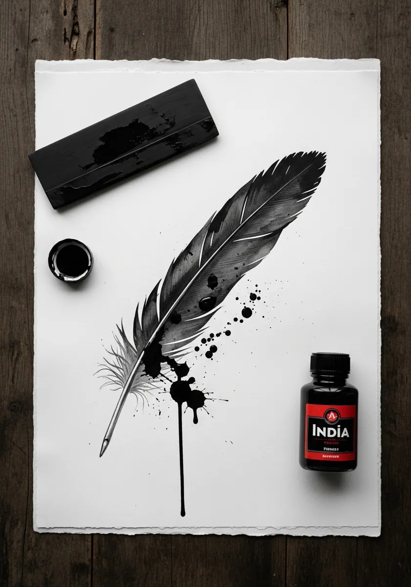 Black brush ink feather with heavy splatter and drips on white paper